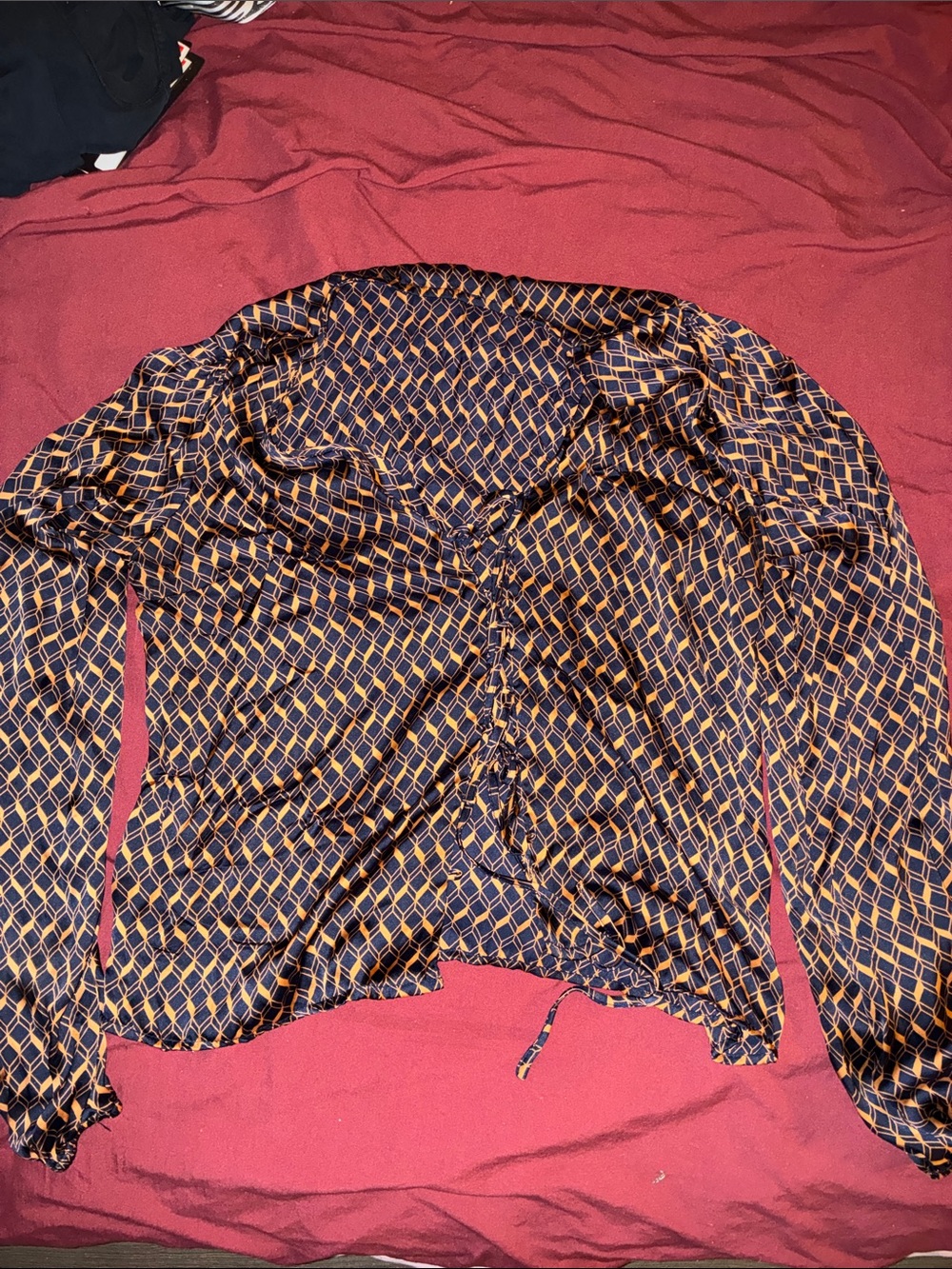 Forever 21 Navy and Mustard Geometric Ruched Front Blouse